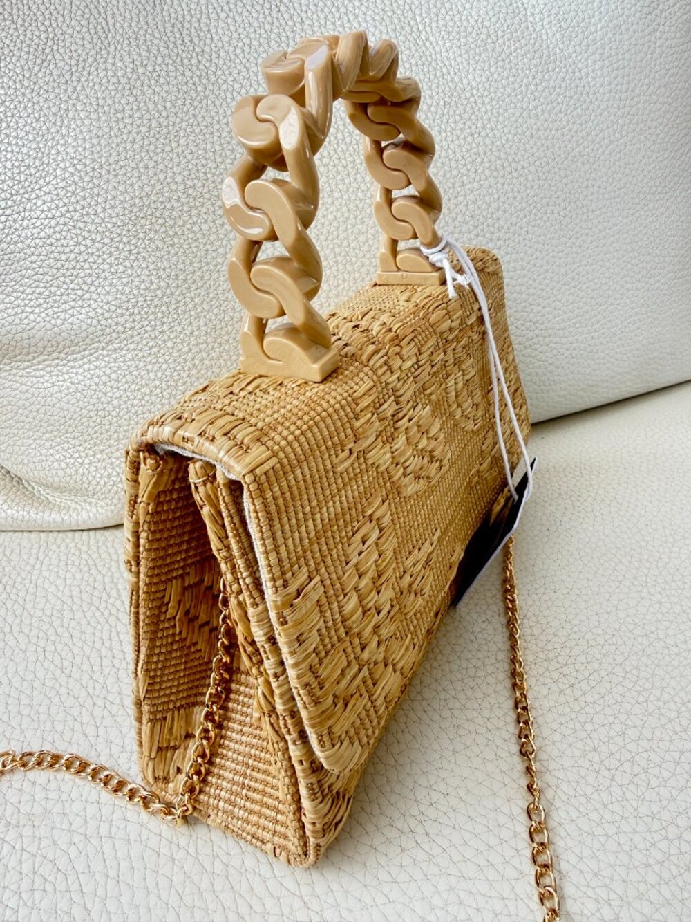 HAUTE HIPPIE WOVEN STRAW CROSSBODY BAG SATCHEL NATURAL ACRYLIC CHAIN - Picture 2 of 5